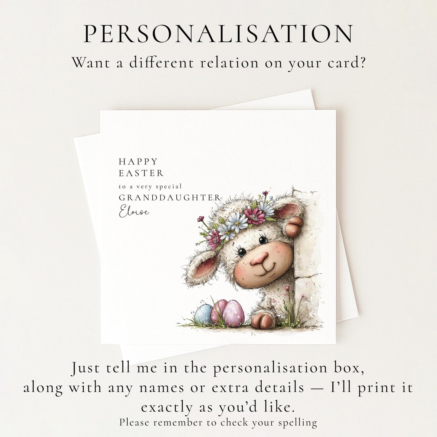 Easter Card Granddaughter – Personalised Cute Lamb Illustration Card With Pastel Eggs - Whimsi Lilley