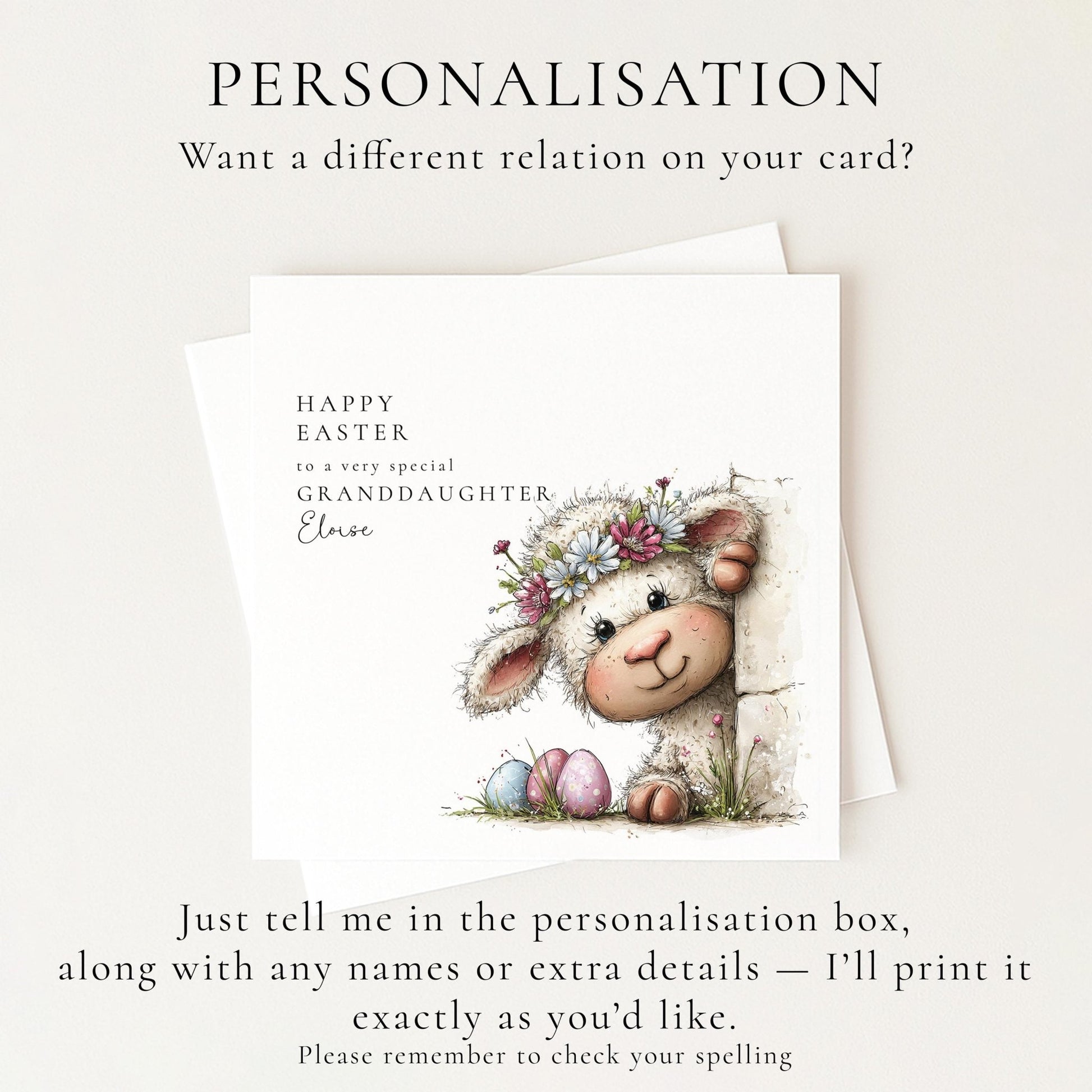 Easter Card Granddaughter – Personalised Cute Lamb Illustration Card With Pastel Eggs - Whimsi Lilley