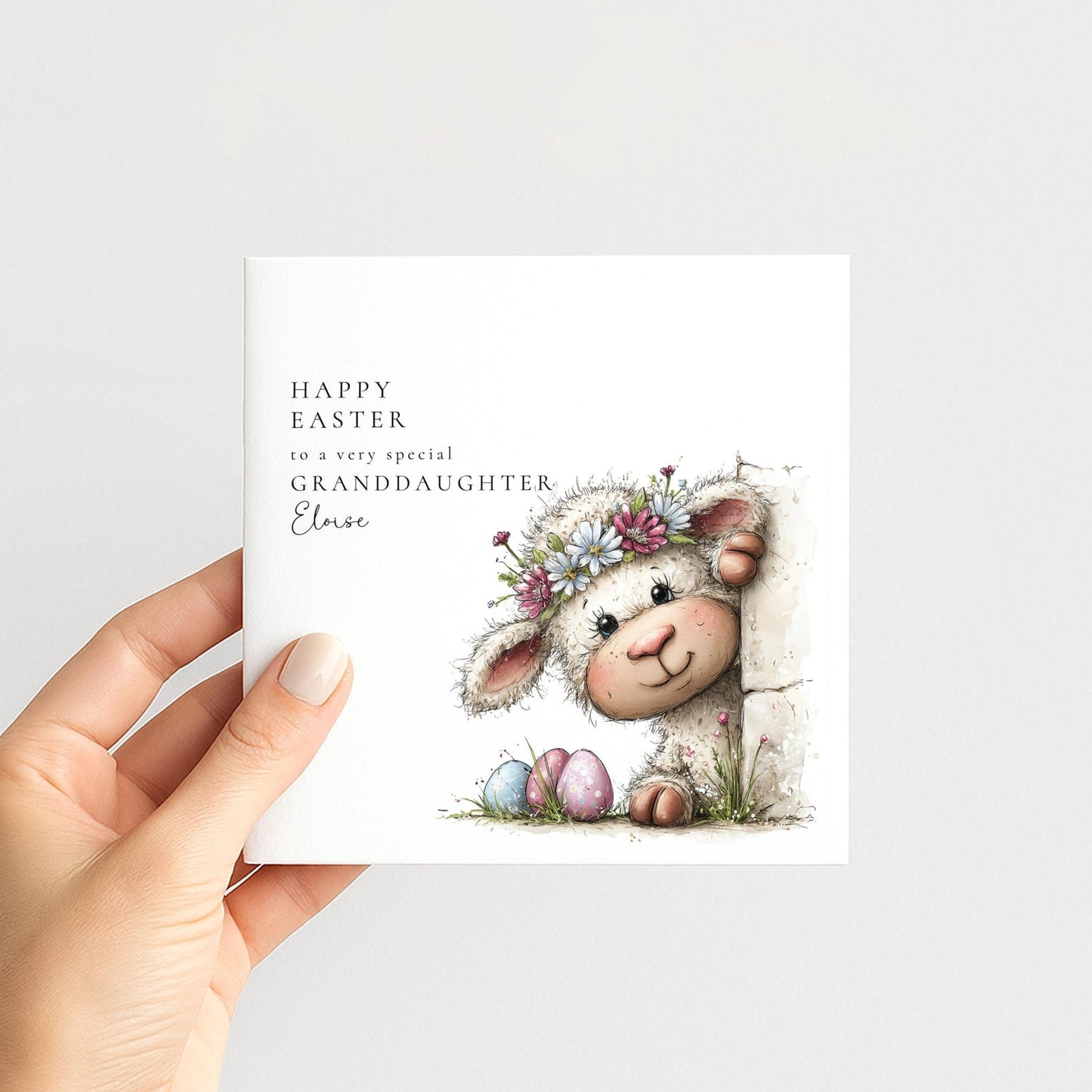 Easter Card Granddaughter – Personalised Cute Lamb Illustration Card With Pastel Eggs - Whimsi Lilley