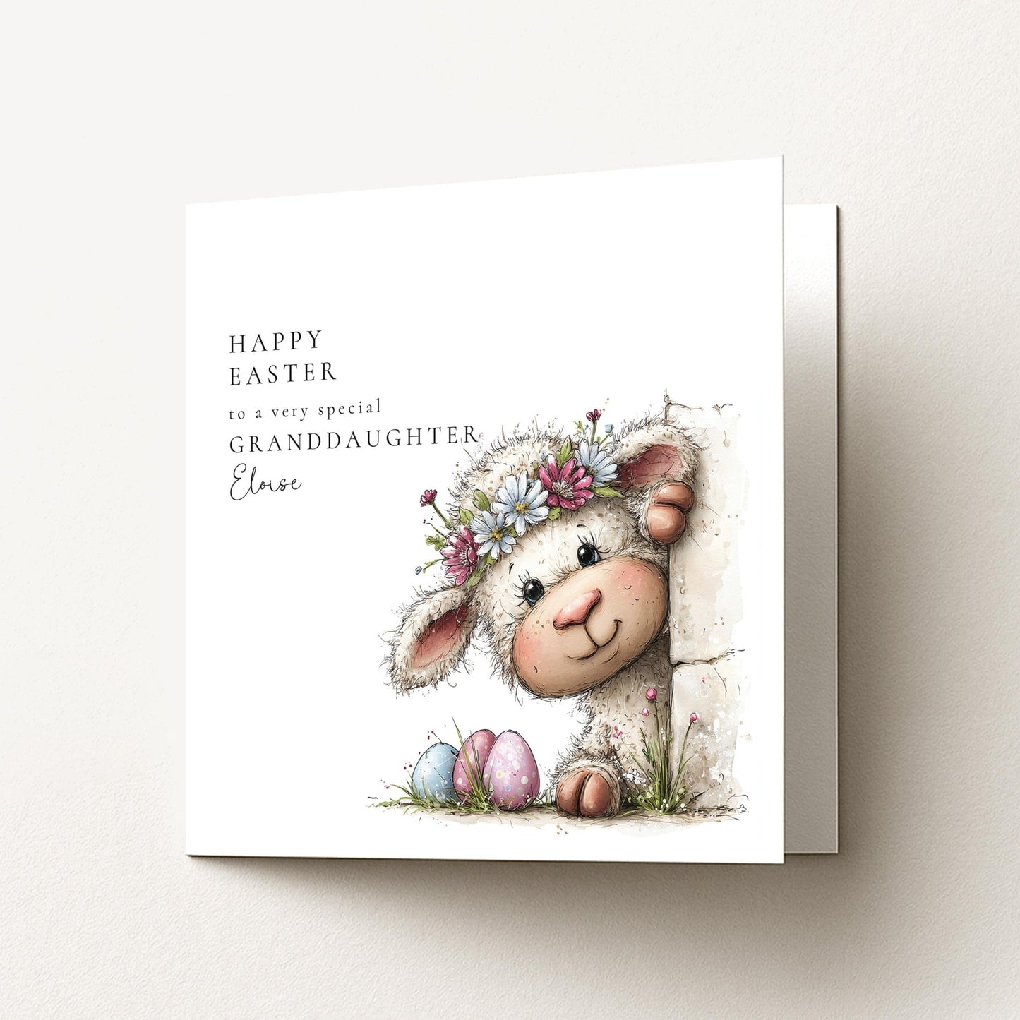 Easter Card Granddaughter – Personalised Cute Lamb Illustration Card With Pastel Eggs - Whimsi Lilley