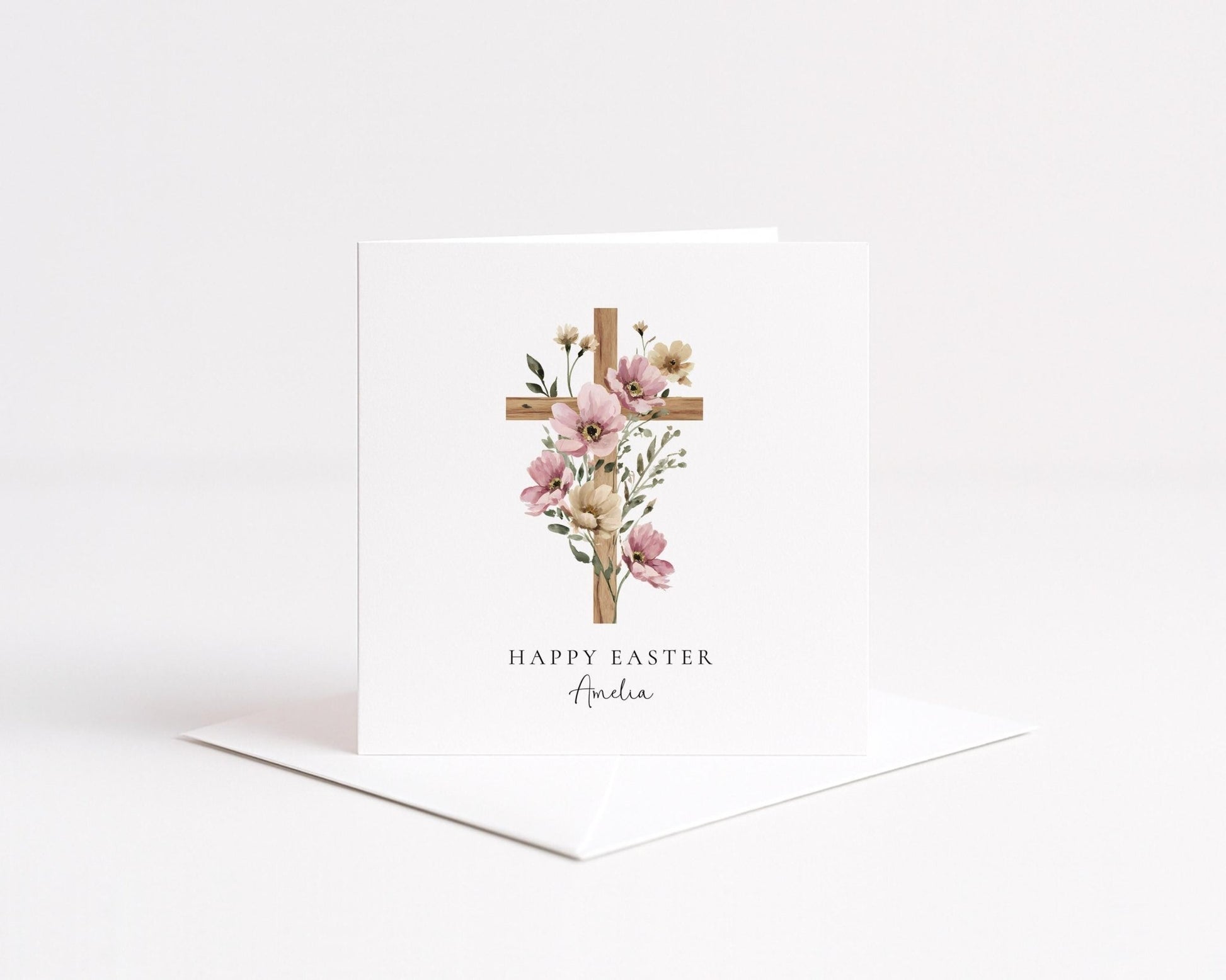 Easter Card – Personalised Floral Cross Card With Matte Finish & Custom Name - Whimsi Lilley