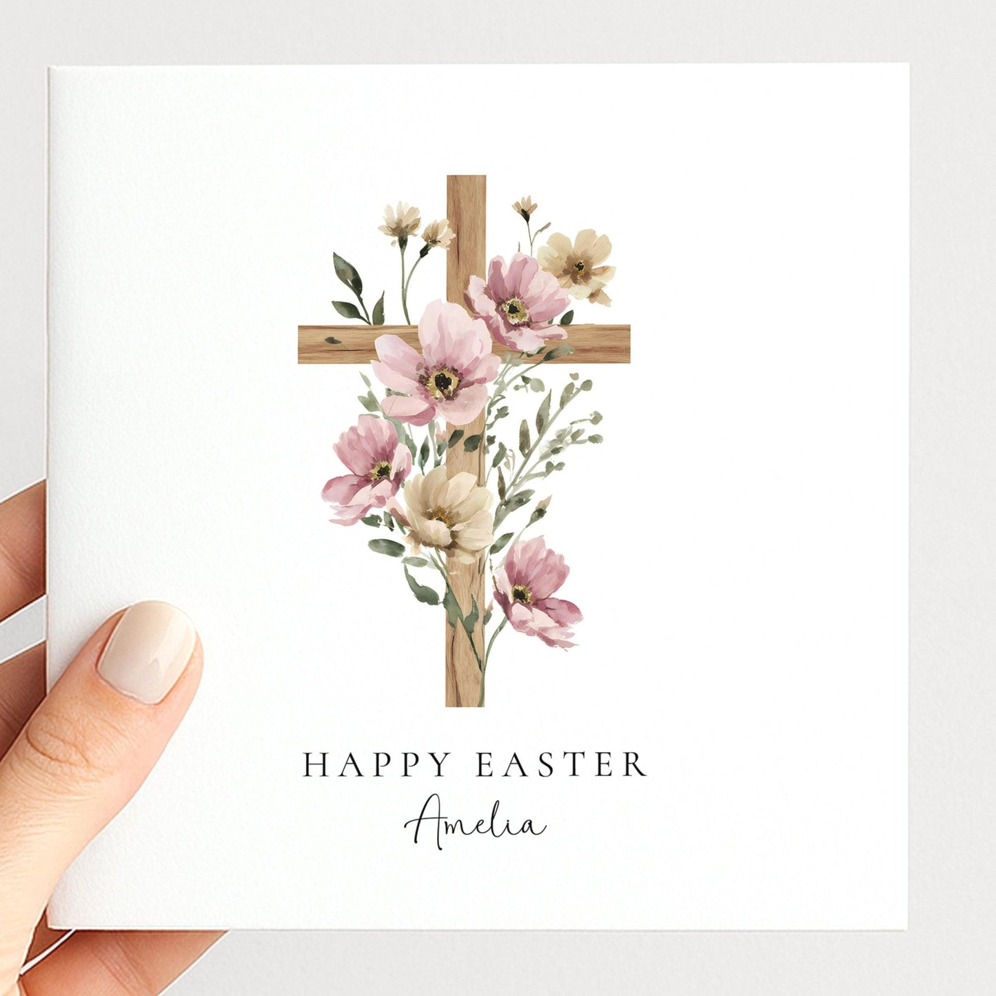 Easter Card – Personalised Floral Cross Card With Matte Finish & Custom Name - Whimsi Lilley