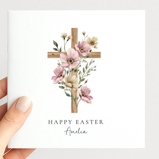 Easter Card – Personalised Floral Cross Card With Matte Finish & Custom Name - Whimsi Lilley