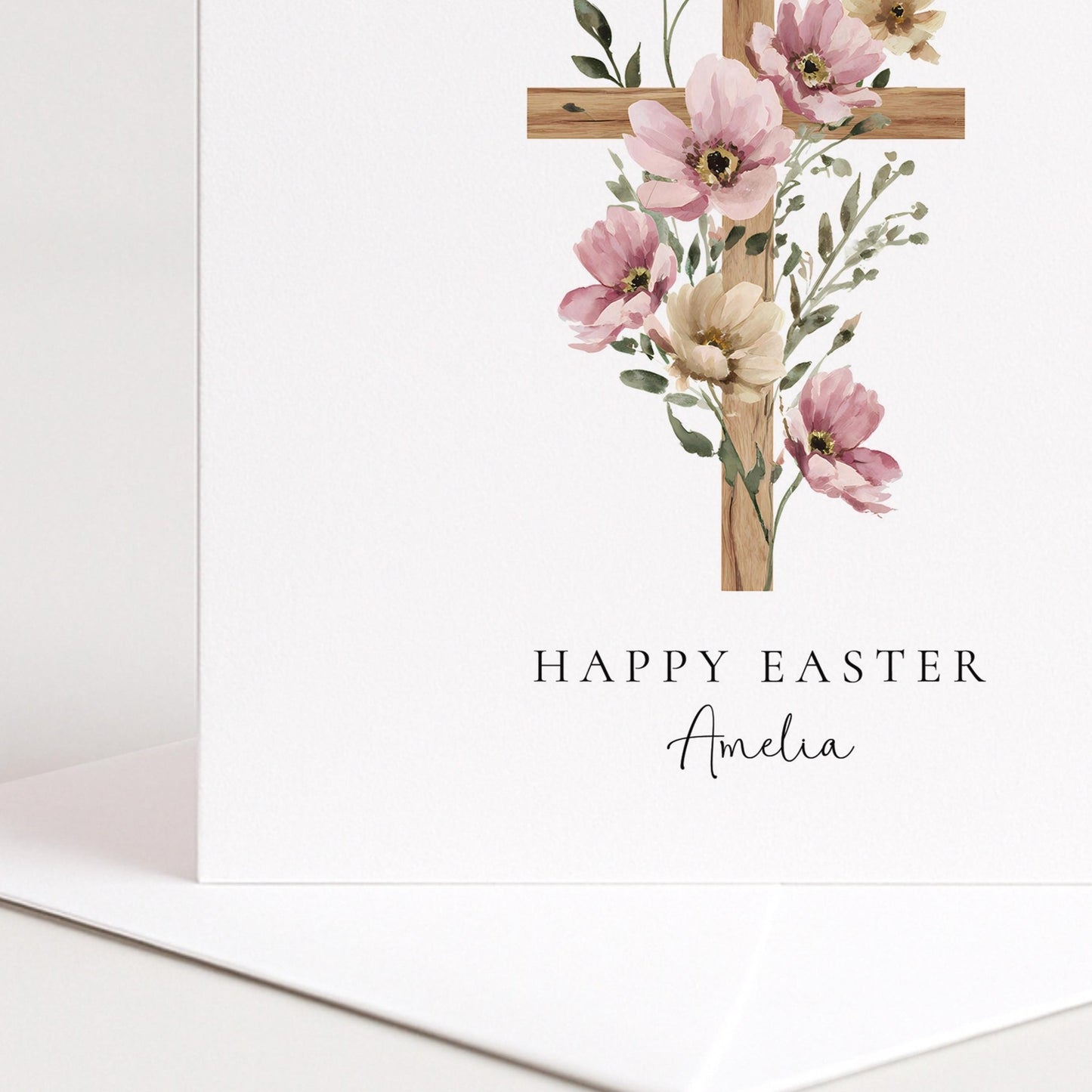 Easter Card – Personalised Floral Cross Card With Matte Finish & Custom Name - Whimsi Lilley