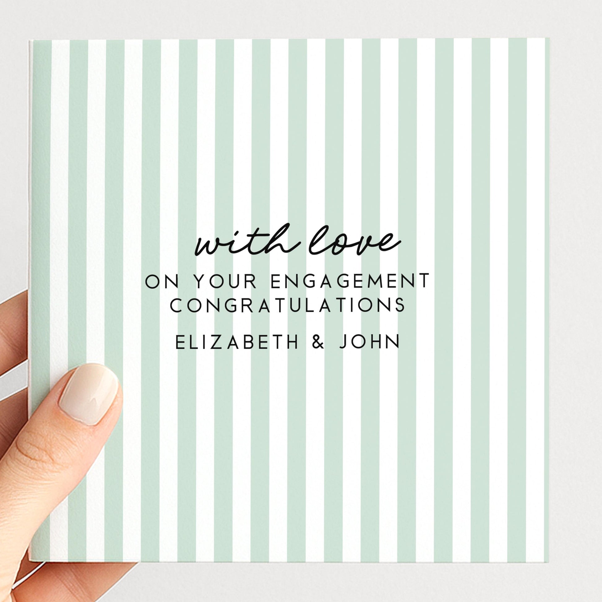 Aqua stripe engagement congratulations card, personalised with names
