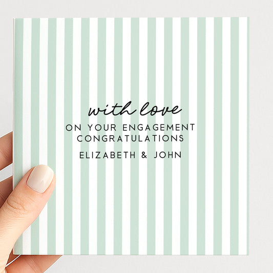 Aqua stripe engagement congratulations card, personalised with names
