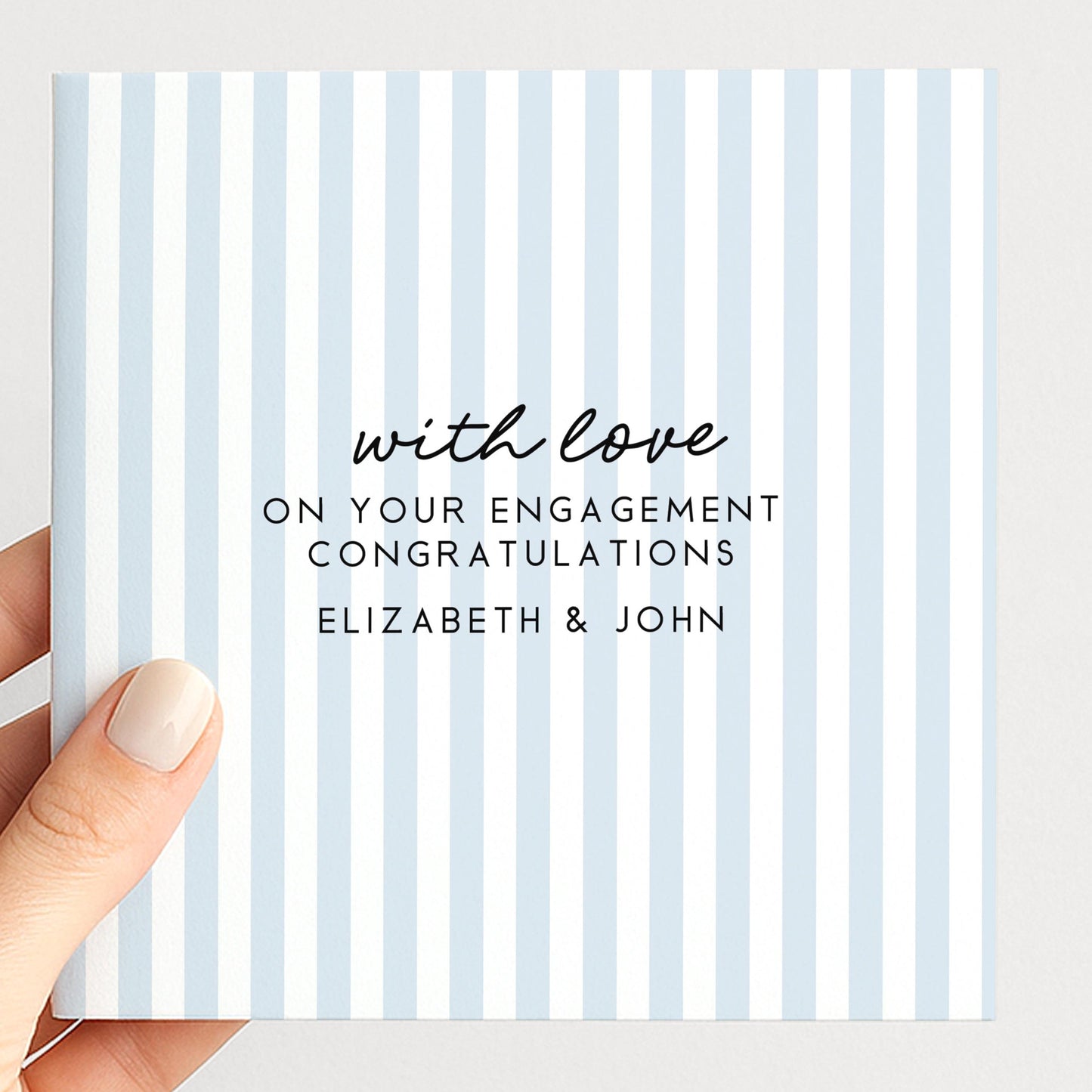 Blue stripe engagement congratulations card, personalised with names
