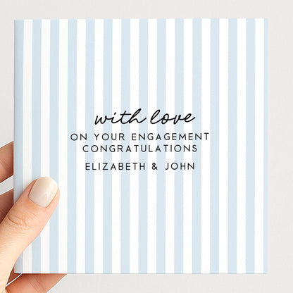 Blue stripe engagement congratulations card, personalised with names
