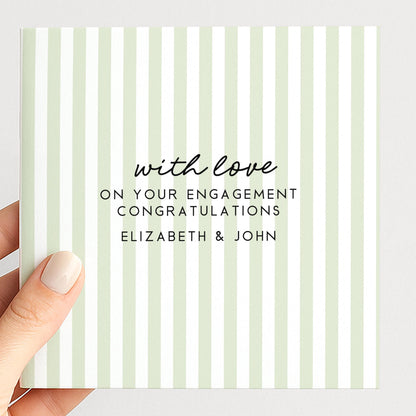 Sage green stripe engagement congratulations card, personalised with names
