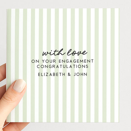 Sage green stripe engagement congratulations card, personalised with names
