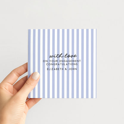 Purple stripe engagement congratulations card, personalised with names
