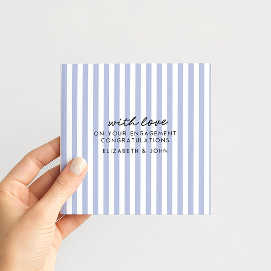 Purple stripe engagement congratulations card, personalised with names
