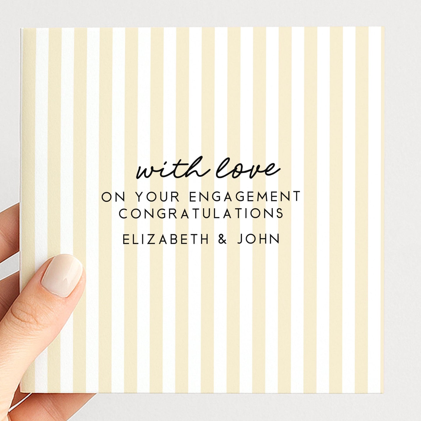 Soft yellow stripe engagement congratulations card, personalised with names
