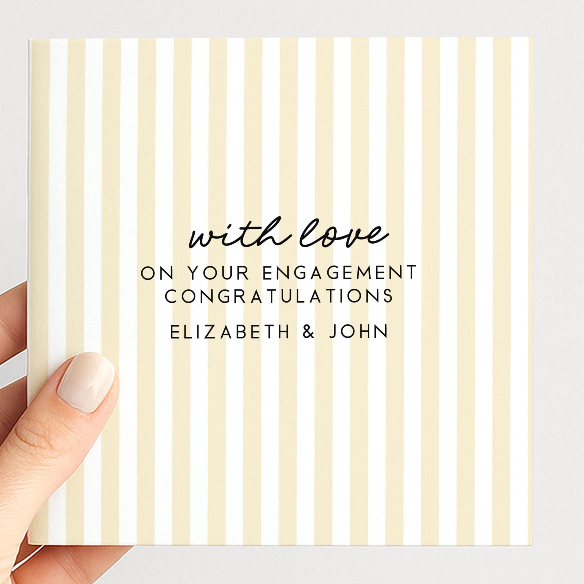 Soft yellow stripe engagement congratulations card, personalised with names
