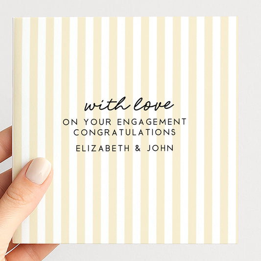 Soft yellow stripe engagement congratulations card, personalised with names
