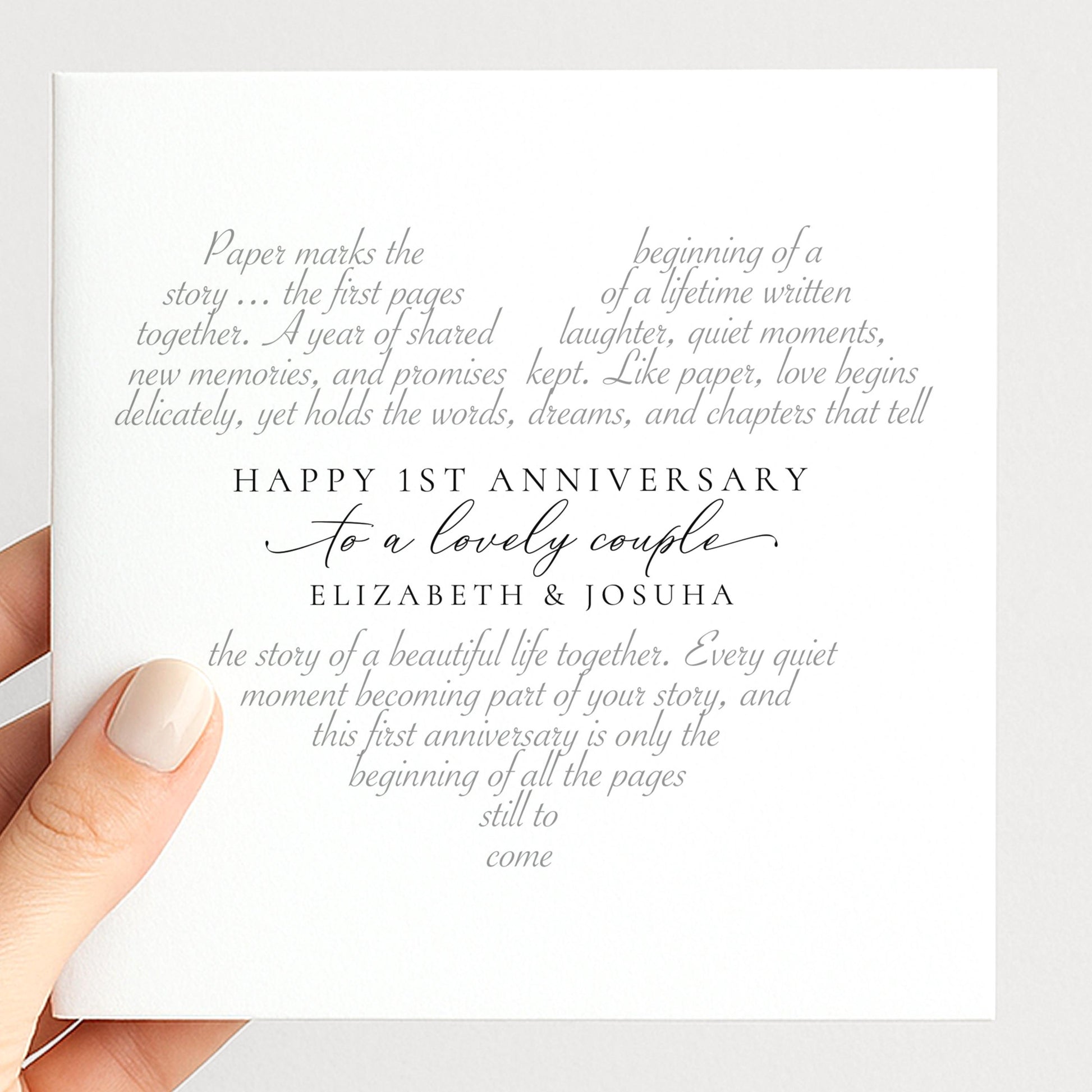 Personalised first anniversary card for a couple with elegant heart shaped poem and both names, printed on 300gsm card