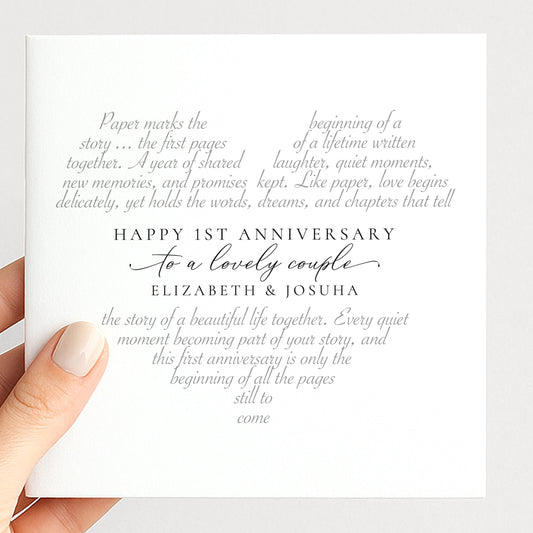 Personalised first anniversary card for a couple with elegant heart shaped poem and both names, printed on 300gsm card