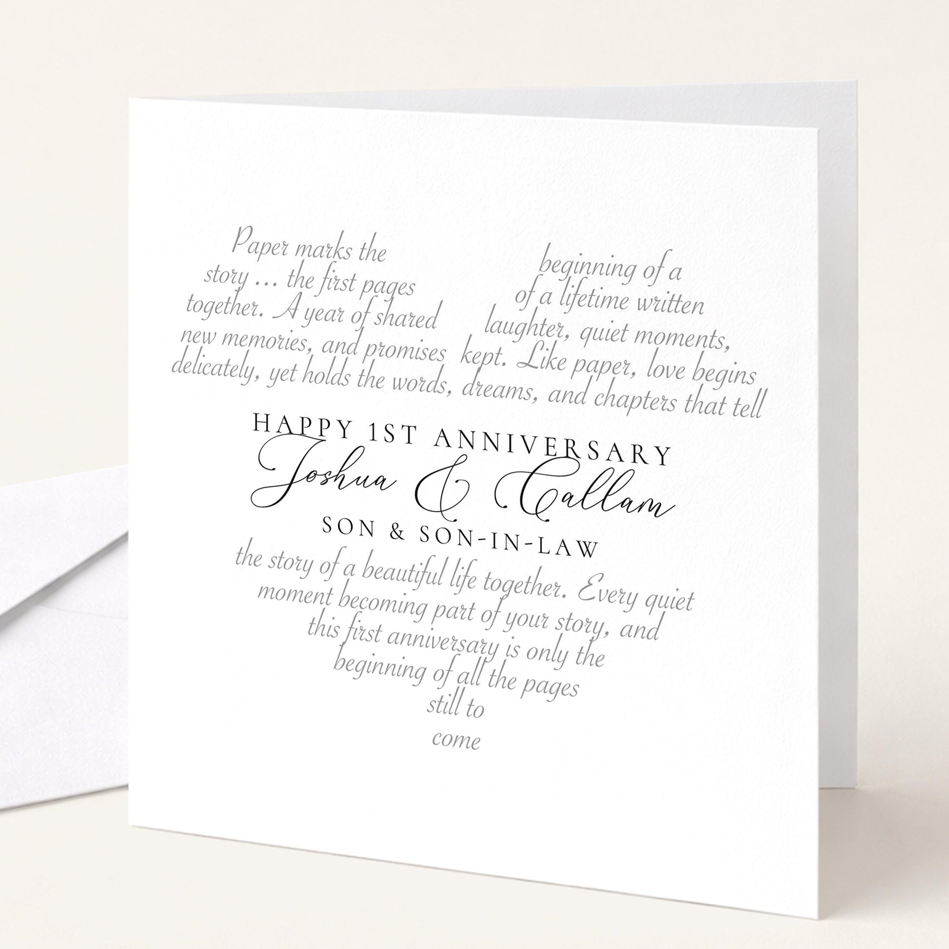 Personalised first anniversary card for son and son in law with heart shaped poem and both names, printed on 300gsm card.