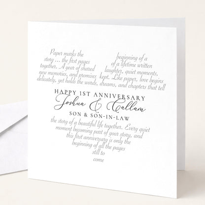 Personalised first anniversary card for son and son in law with heart shaped poem and both names, printed on 300gsm card.