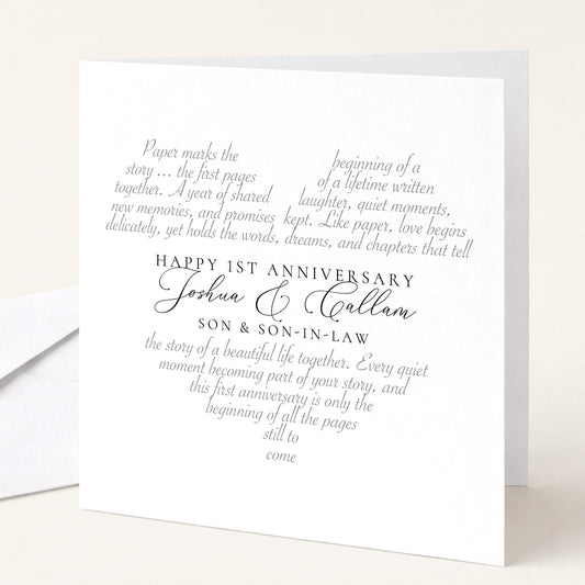 Personalised first anniversary card for son and son in law with heart shaped poem and both names, printed on 300gsm card.