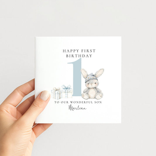 First Birthday Card | Personalised Bunny Card for Grandson - Soft Matte Finish - Whimsi Lilley