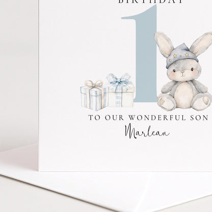 First Birthday Card | Personalised Bunny Card for Grandson - Soft Matte Finish - Whimsi Lilley