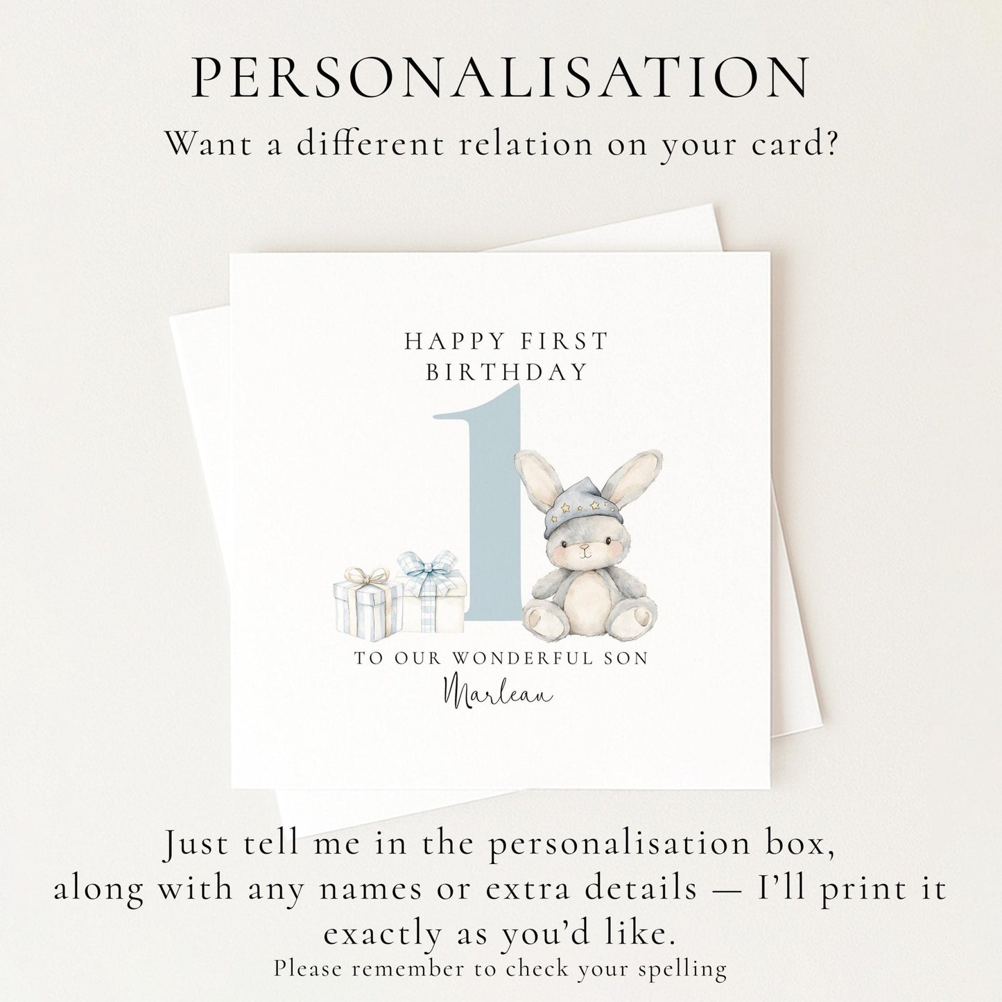 First Birthday Card | Personalised Bunny Card for Grandson - Soft Matte Finish - Whimsi Lilley