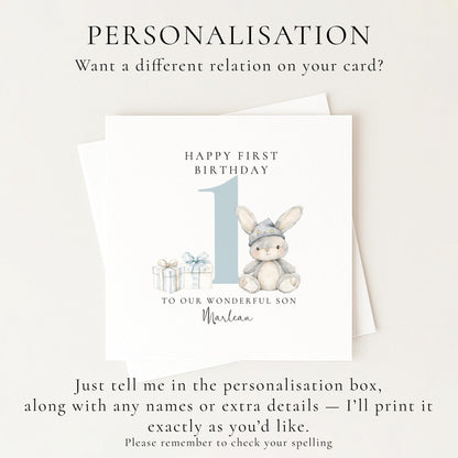 First Birthday Card | Personalised Bunny Card for Grandson - Soft Matte Finish - Whimsi Lilley