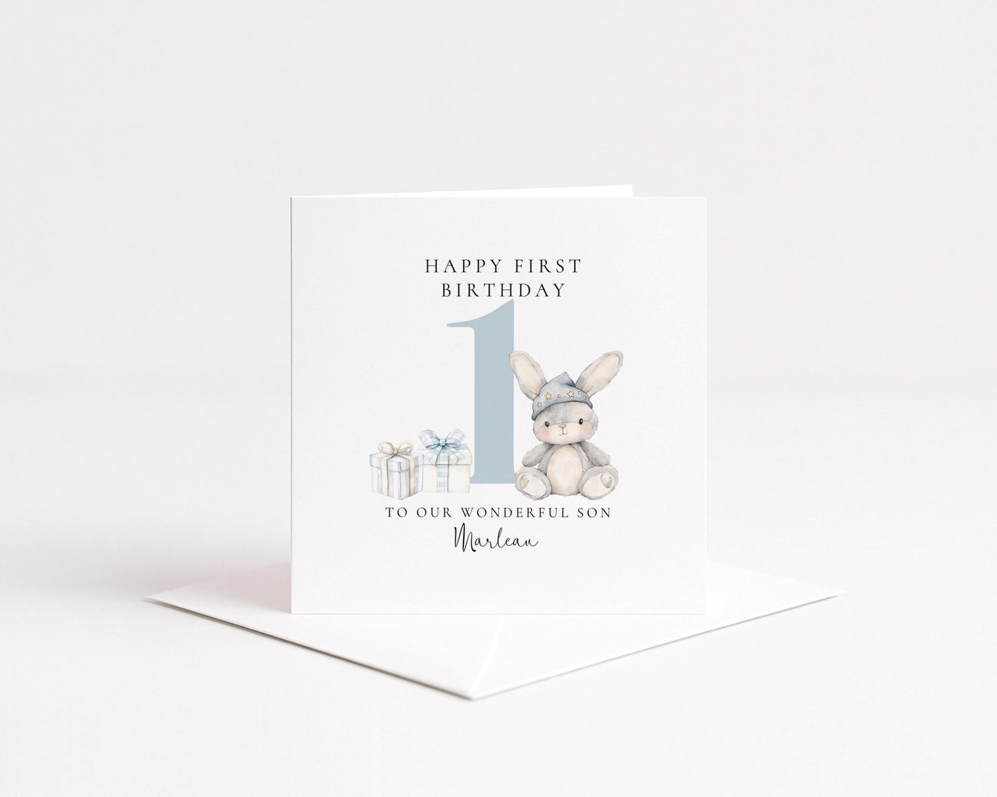 First Birthday Card | Personalised Bunny Card for Grandson - Soft Matte Finish - Whimsi Lilley