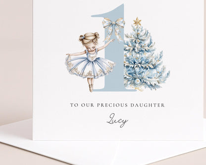 First Christmas Card – Personalised Baby Christmas Keepsake With Blue Ballerina - Whimsi Lilley