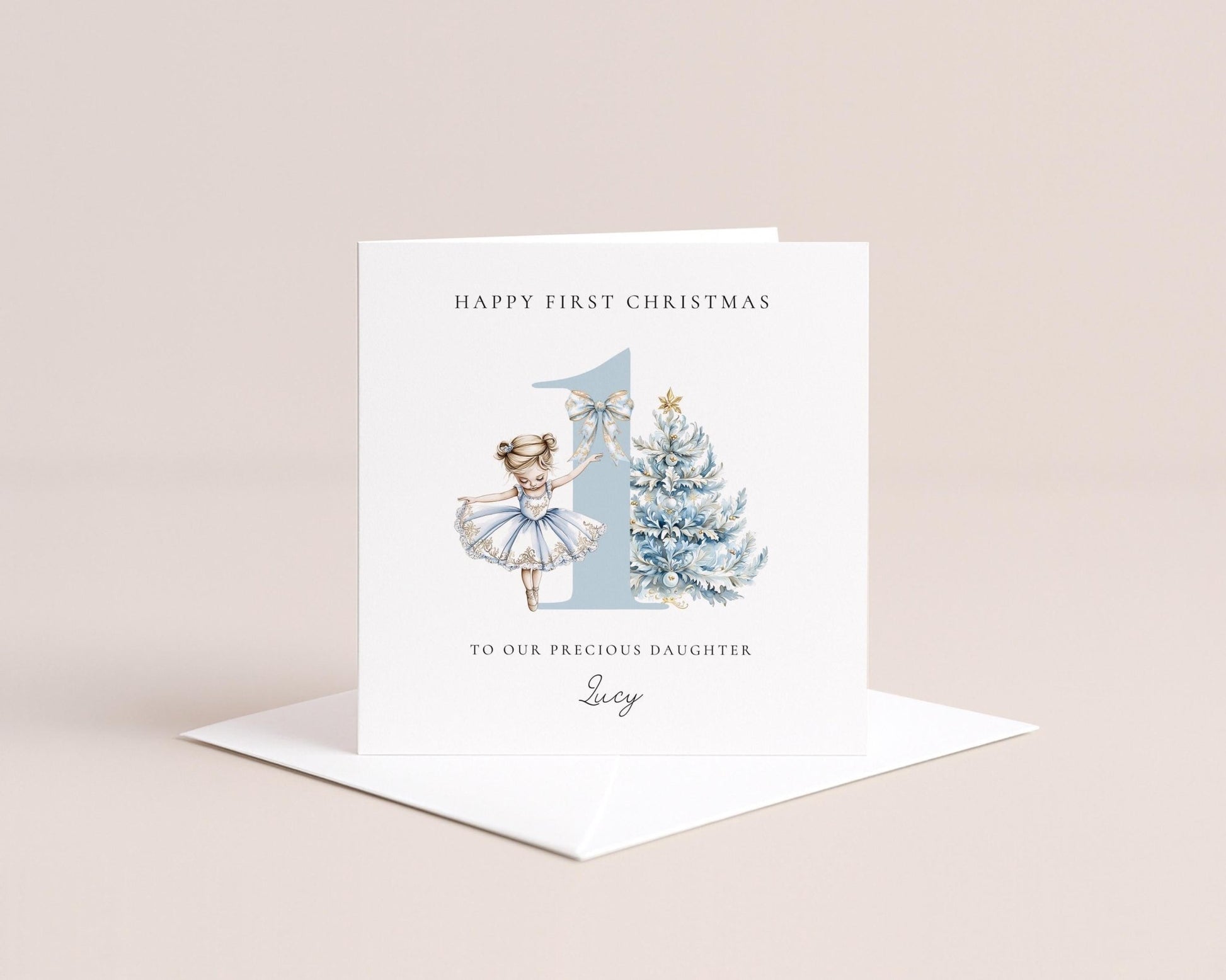 First Christmas Card – Personalised Baby Christmas Keepsake With Blue Ballerina - Whimsi Lilley