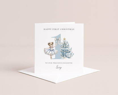 First Christmas Card – Personalised Baby Christmas Keepsake With Blue Ballerina - Whimsi Lilley