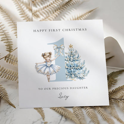 First Christmas Card – Personalised Baby Christmas Keepsake With Blue Ballerina - Whimsi Lilley