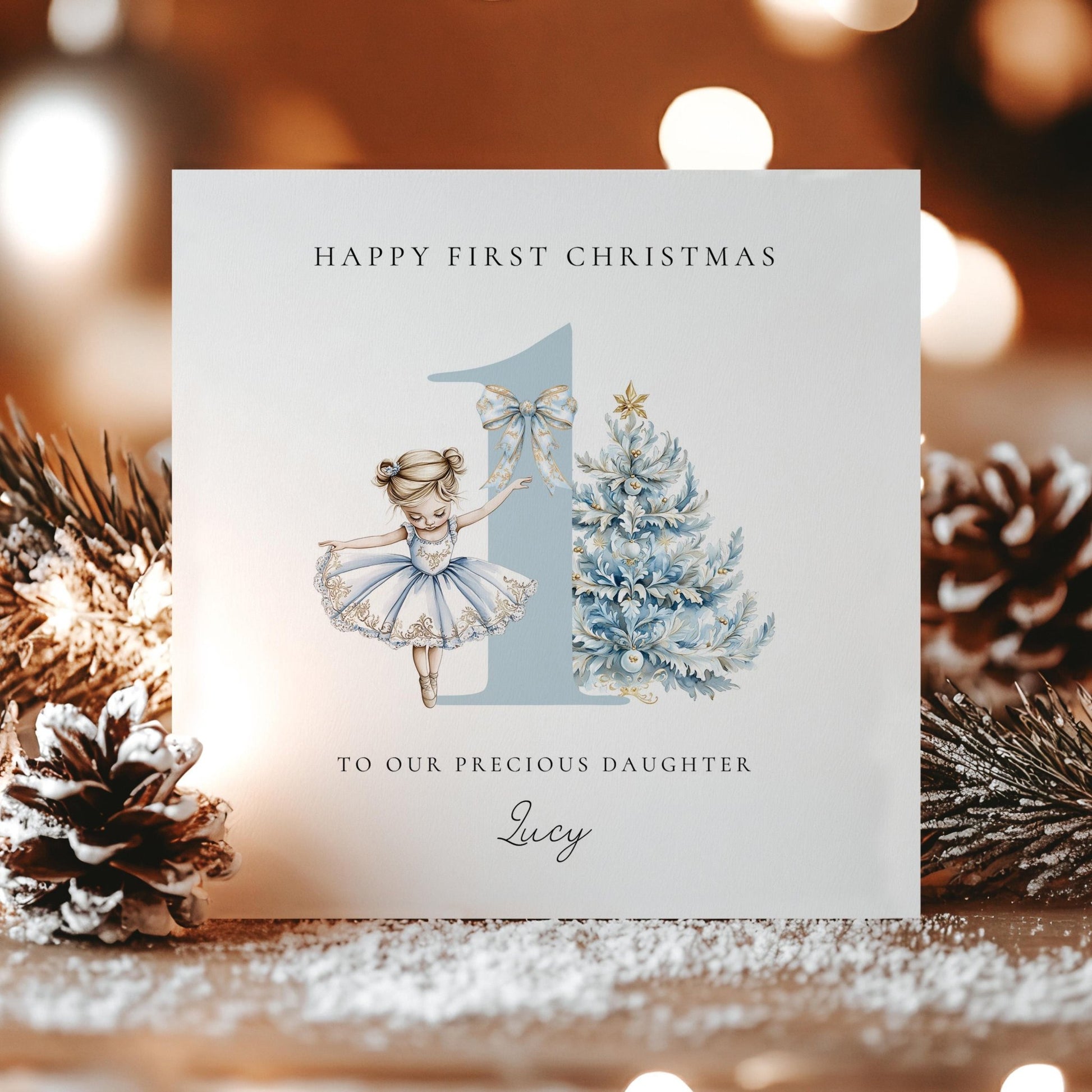First Christmas Card – Personalised Baby Christmas Keepsake With Blue Ballerina - Whimsi Lilley