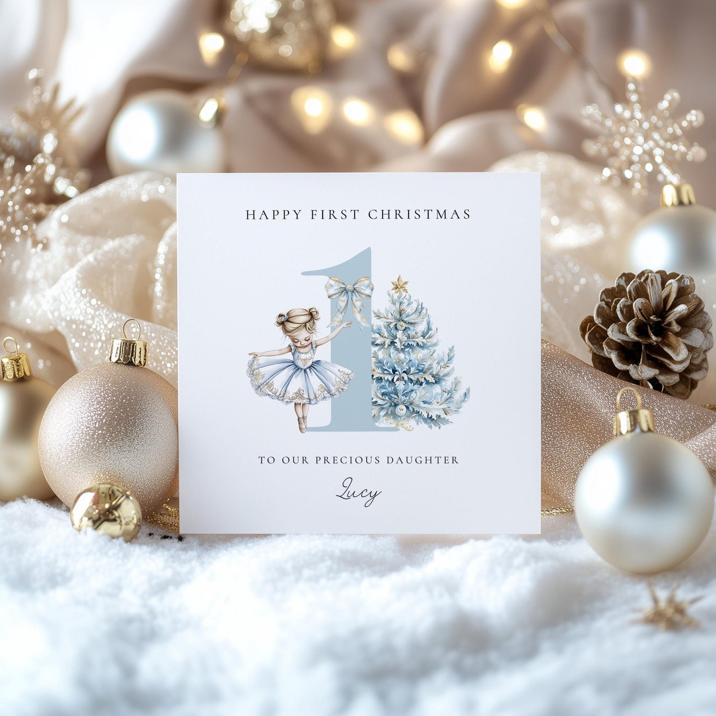First Christmas Card – Personalised Baby Christmas Keepsake With Blue Ballerina - Whimsi Lilley