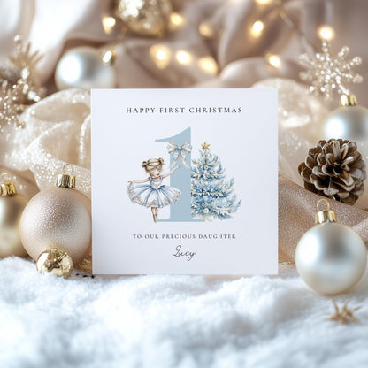 First Christmas Card – Personalised Baby Christmas Keepsake With Blue Ballerina - Whimsi Lilley