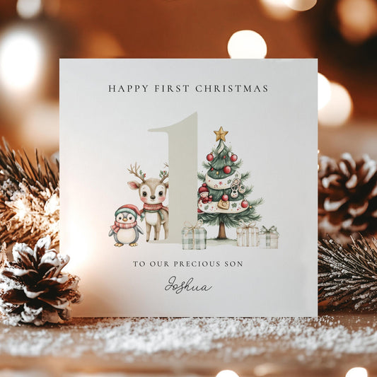 First Christmas Card Son – Personalised Baby Boy Xmas Keepsake With Reindeer & Penguin - Whimsi Lilley