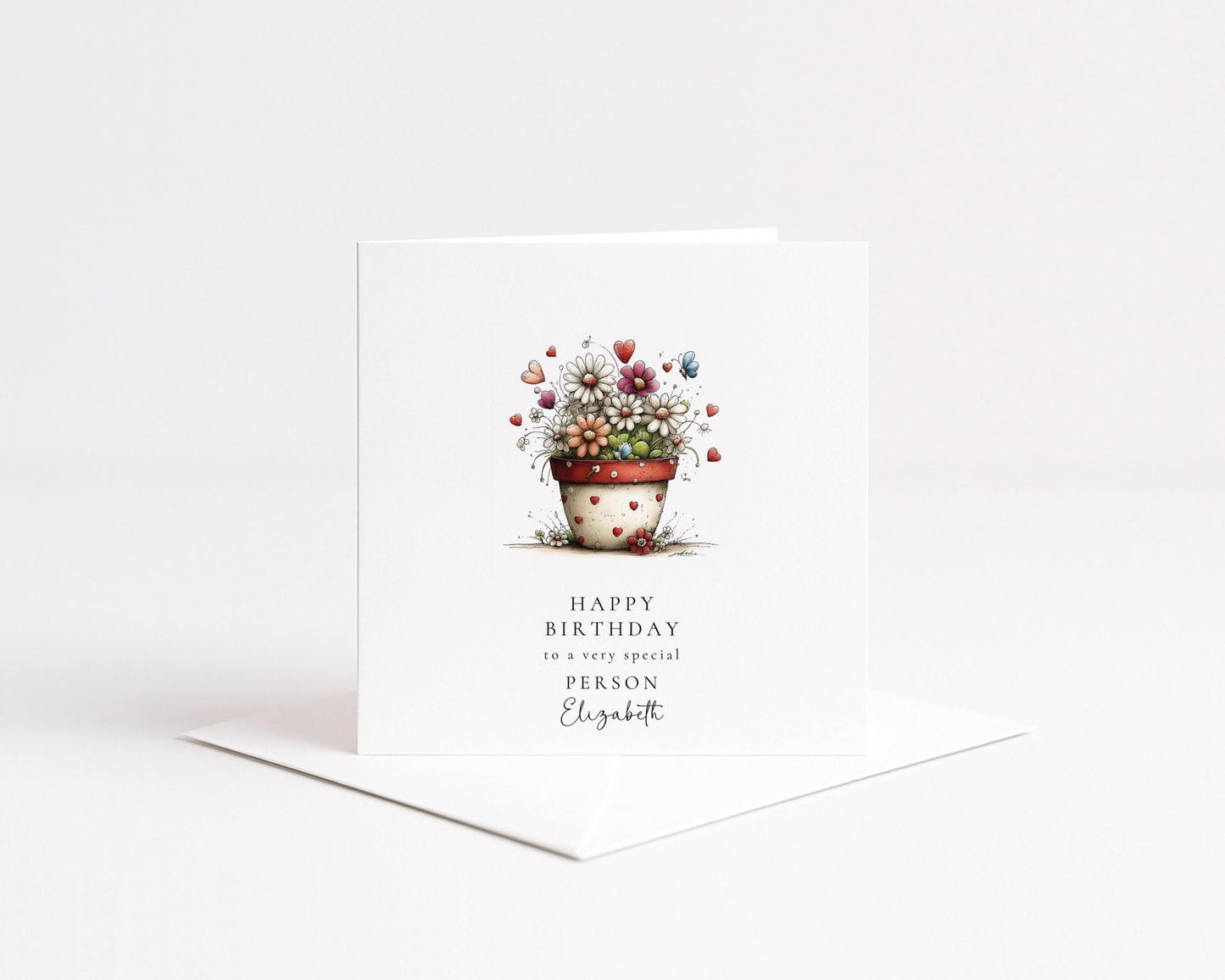 Floral Birthday Card - Personalised Elegant Flower Pot Card With Heart Detail - Whimsi Lilley