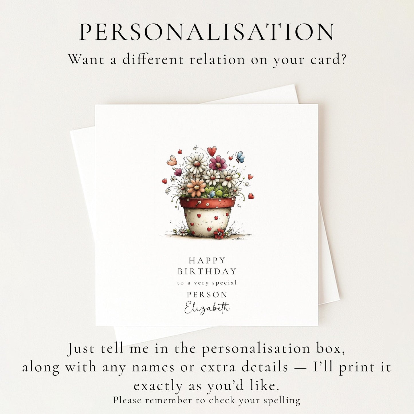 Floral Birthday Card - Personalised Elegant Flower Pot Card With Heart Detail - Whimsi Lilley