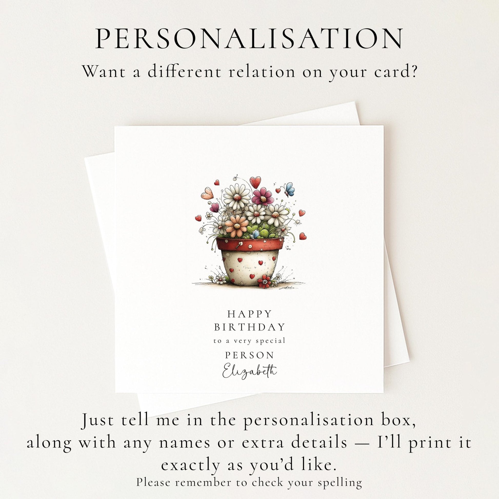 Floral Birthday Card - Personalised Elegant Flower Pot Card With Heart Detail - Whimsi Lilley