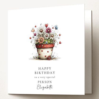 Floral Birthday Card - Personalised Elegant Flower Pot Card With Heart Detail - Whimsi Lilley