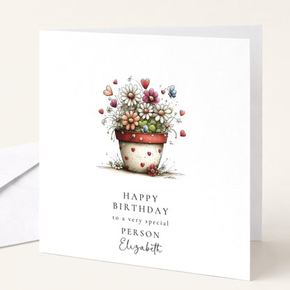 Floral Birthday Card - Personalised Elegant Flower Pot Card With Heart Detail - Whimsi Lilley