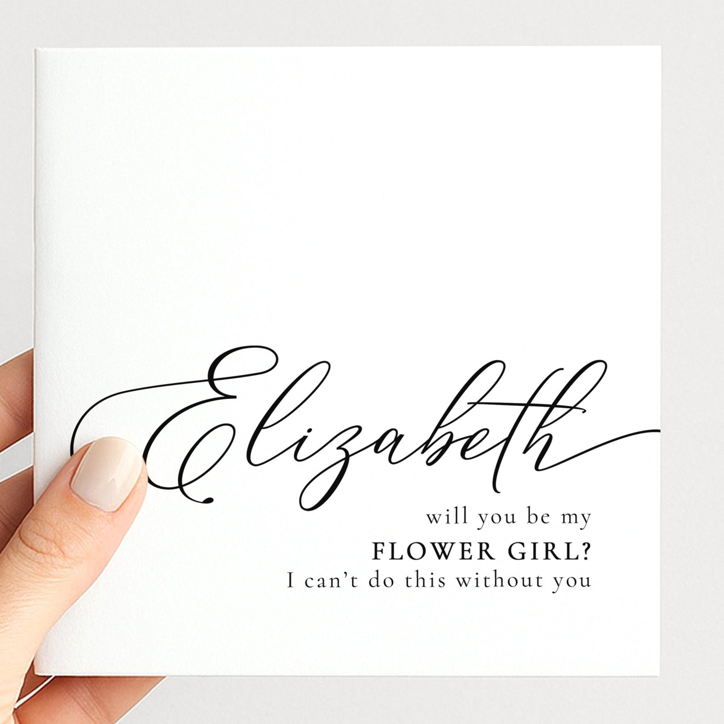 Whimsi Lilley Flower Girl Proposal Card featuring floral design and "Will You Be My Flower Girl" message on elegant stationery.