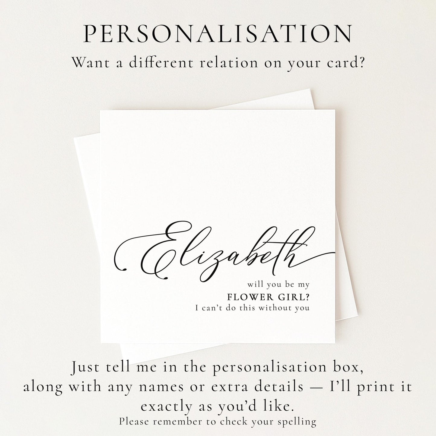 Flower Girl Proposal Card from Whimsi Lilley featuring floral design and "Will You Be" message for special proposal moments.