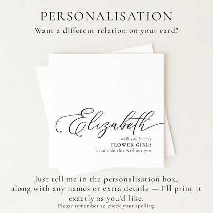 Flower Girl Proposal Card from Whimsi Lilley featuring floral design and "Will You Be" message for special proposal moments.