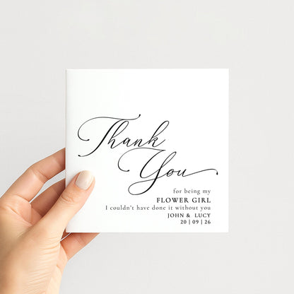 Whimsi Lilley flower girl thank you card with "Will You Be..." message, featuring floral design and elegant lettering.