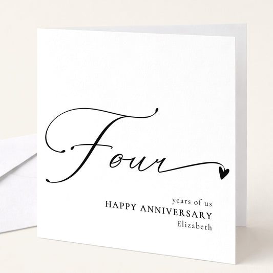 Whimsi Lilley four-year anniversary card with elegant floral design and heartfelt message for celebrating milestones.