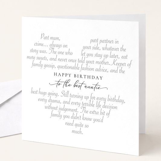 Poem birthday card for auntie, part mum part partner in crime
