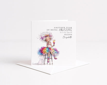 Funny Birthday Card - Colourful Personalised Card For Friend With Joyful Wishes - Whimsi Lilley