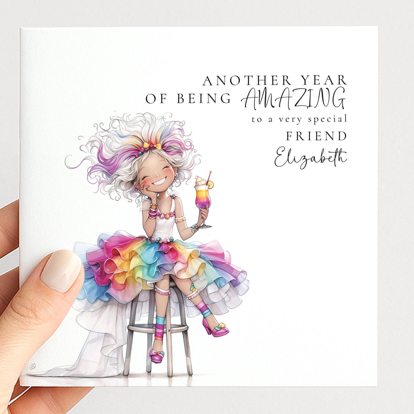 Funny Birthday Card - Colourful Personalised Card For Friend With Joyful Wishes - Whimsi Lilley